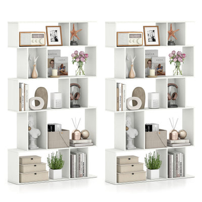 Geometric Bookshelf Set of 2 5-Tier Bookcase with Open Shelves and Closed-back Cubes-White