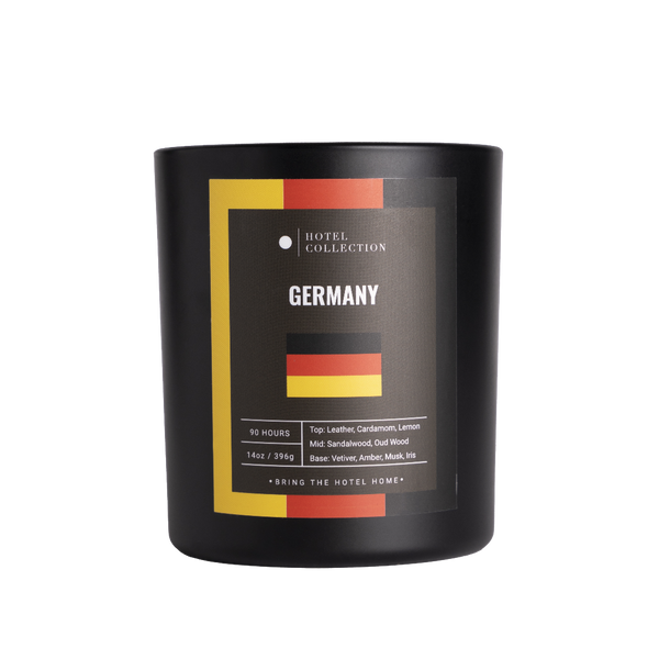 Black candle with 'Hotel Collection' label featuring Germany design on a white background