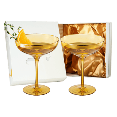 Colored Sunset Yellow & Gilded Rim Coupe Glass, 9oz Cocktail & Champagne Glasses 2-Set Vibrant Color Gold Vintage Tumblers, Margarita, Glassware Gift Idea Gifts for Mom, Him, Wife, Housewarming Coupes