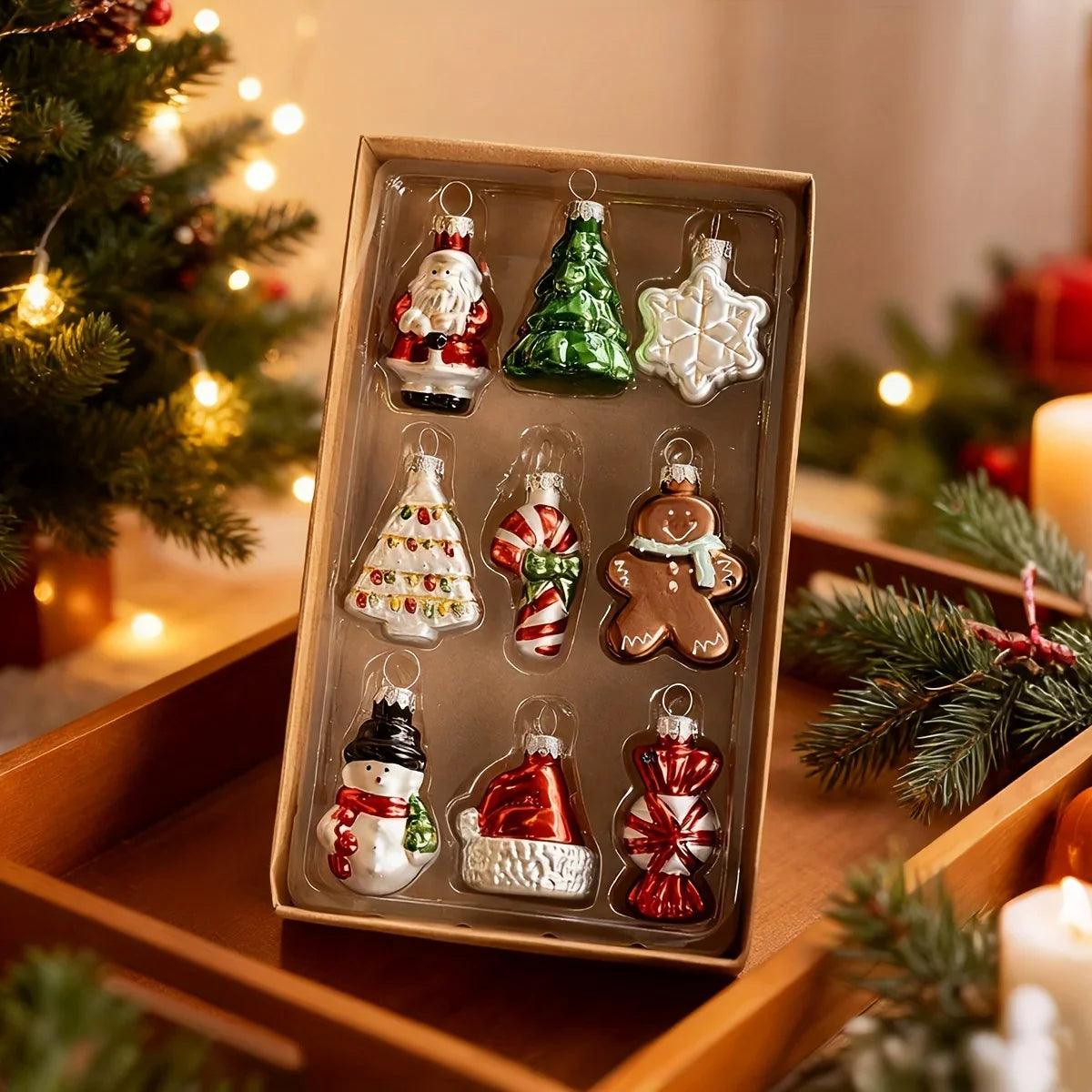 Glass Christmas Ornament Set, 9pcs Creative Snowman & Snowflake Pendants