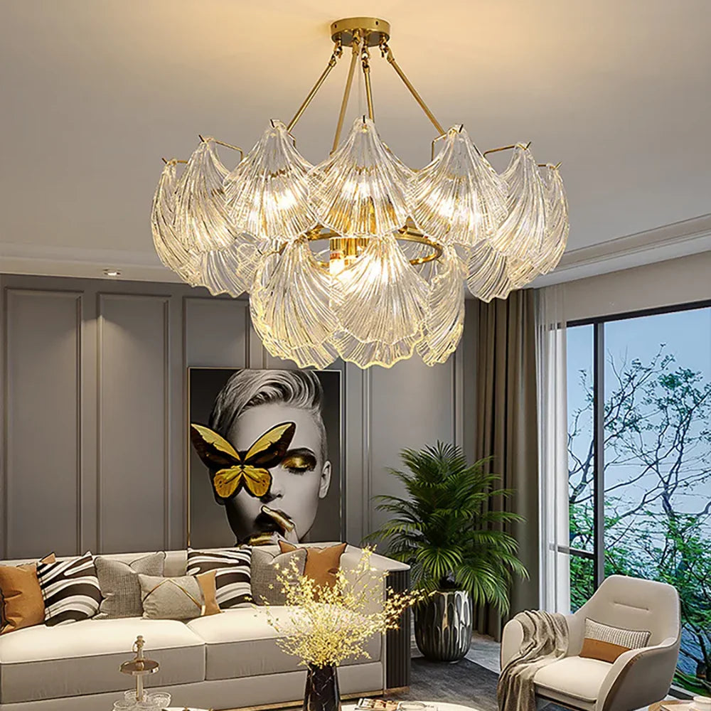 Ribbed Glass Shell Brass Chandelier