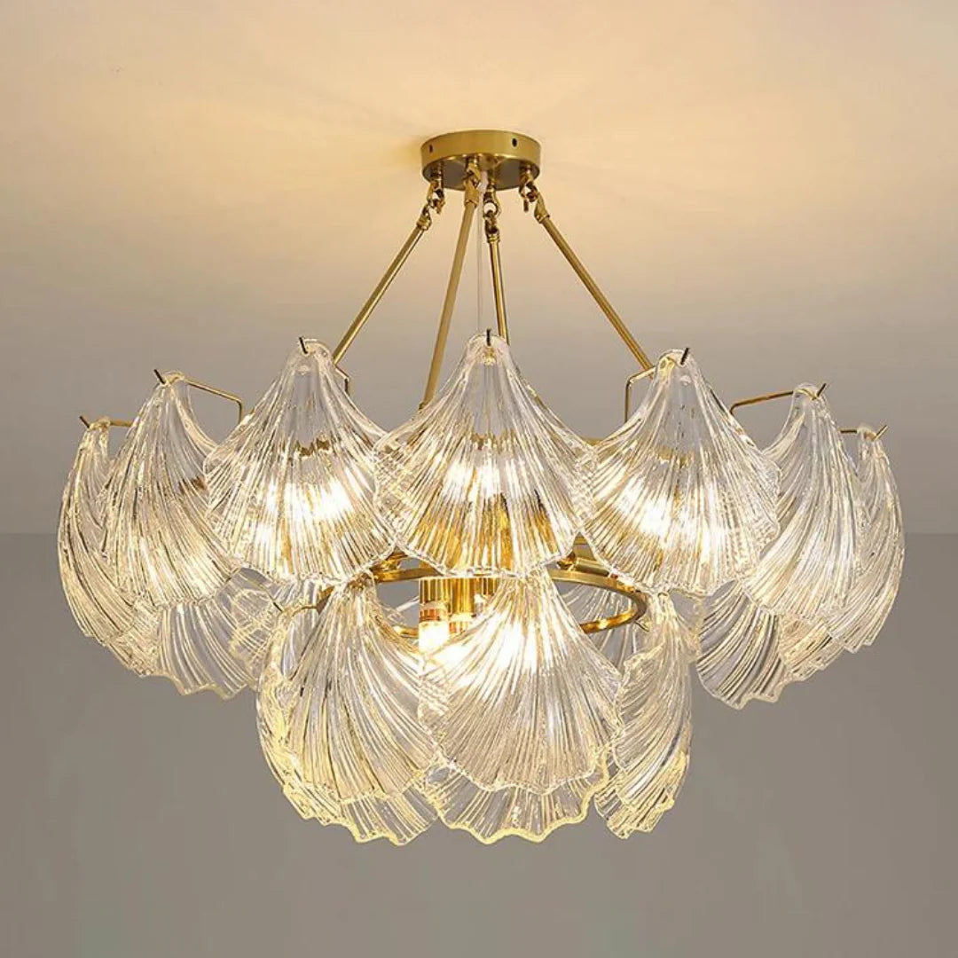 Ribbed Glass Shell Brass Chandelier