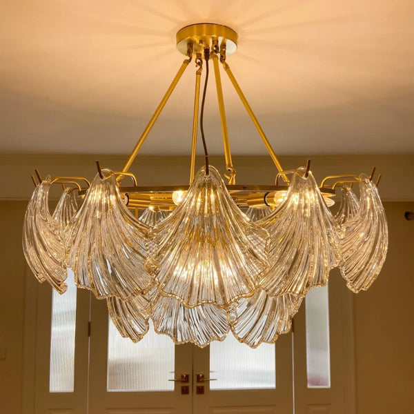 Ribbed Glass Shell Brass Chandelier
