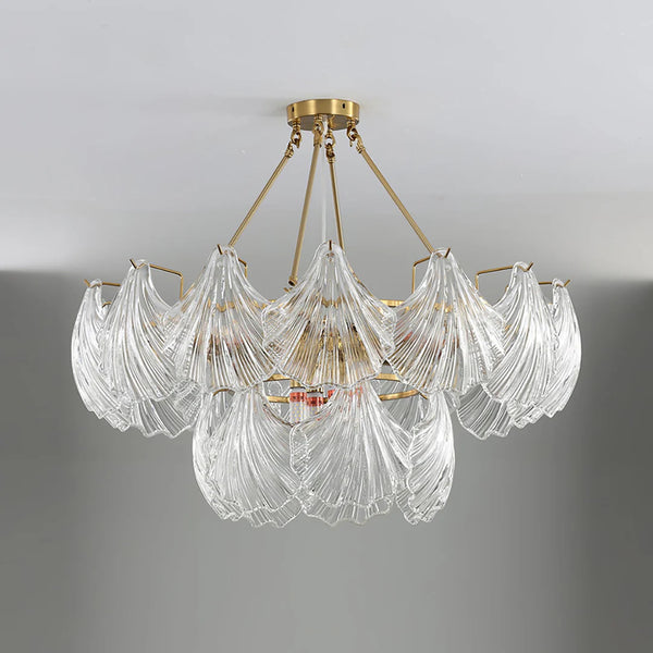 Ribbed Glass Shell Brass Chandelier