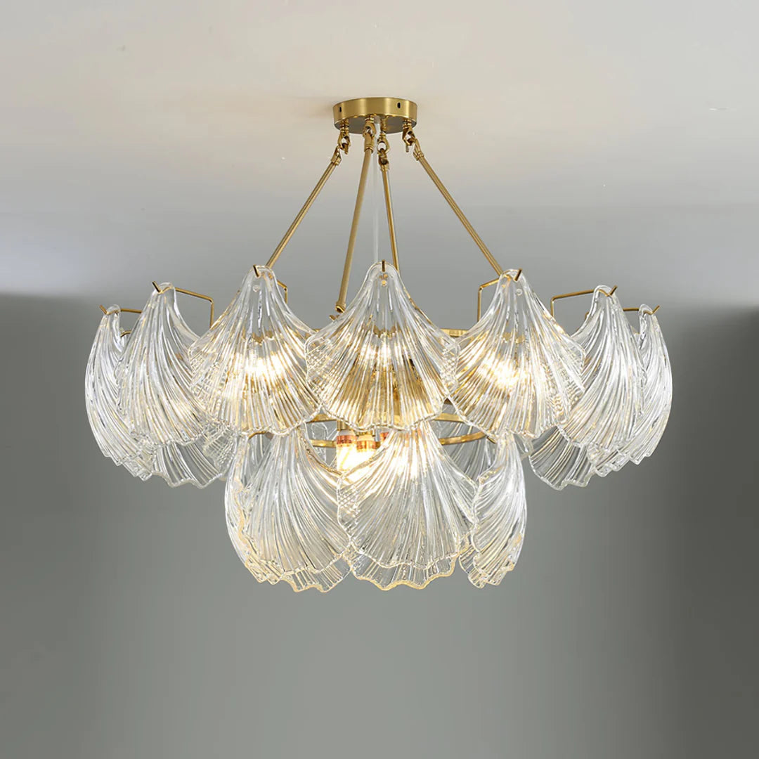 Ribbed Glass Shell Brass Chandelier