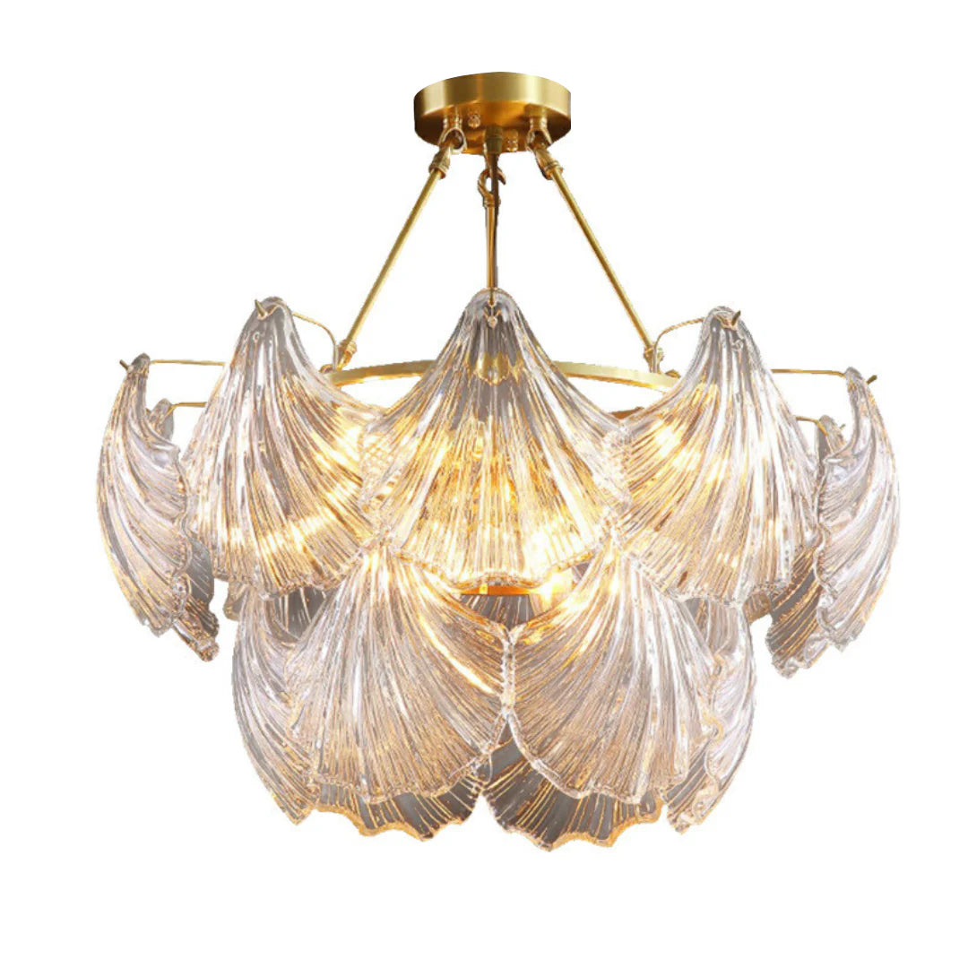 Ribbed Glass Shell Brass Chandelier