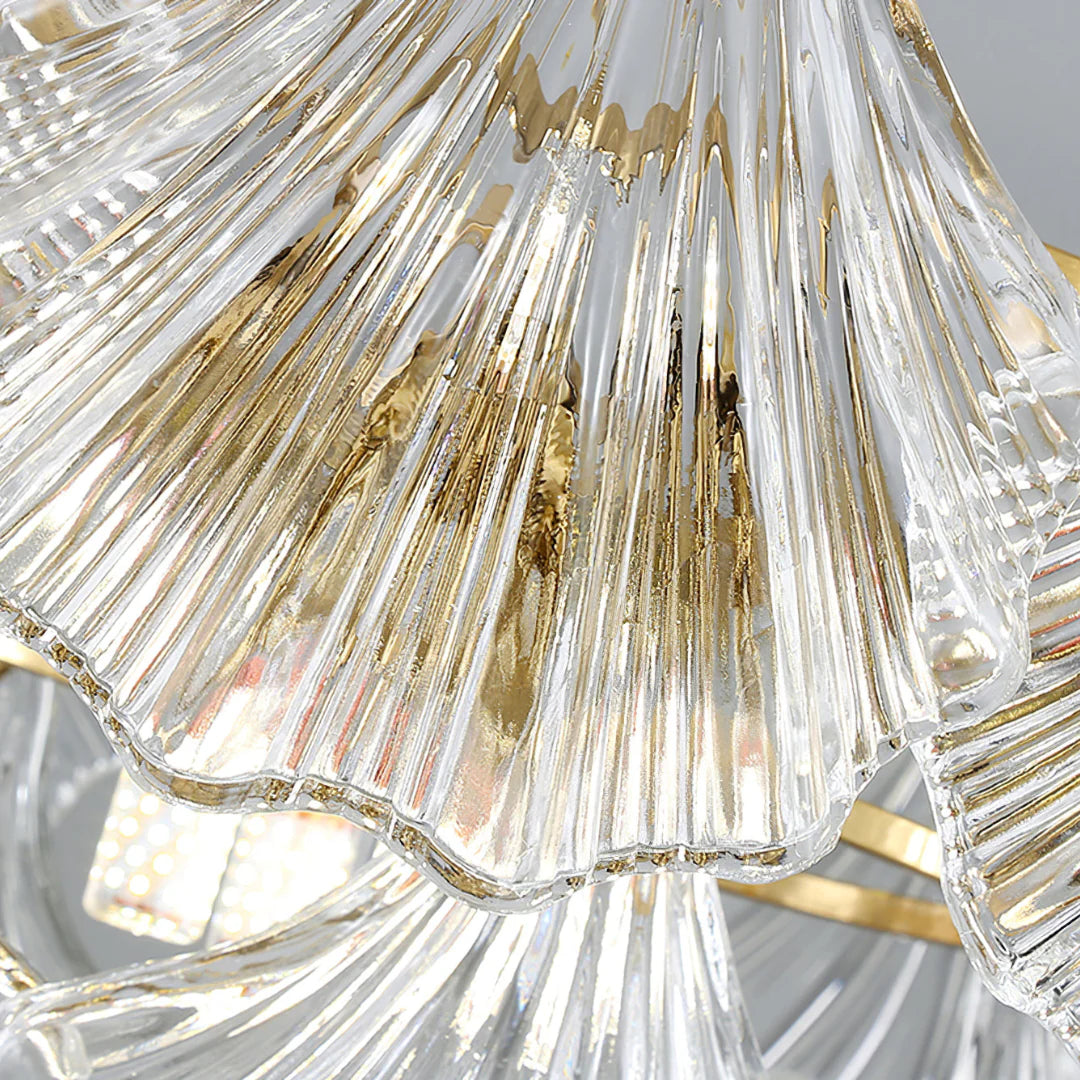 Ribbed Glass Shell Brass Chandelier