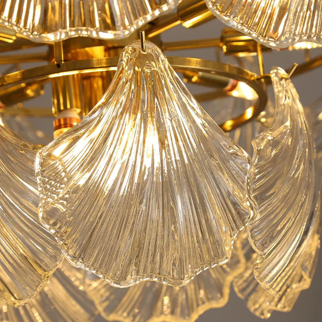 Ribbed Glass Shell Brass Chandelier