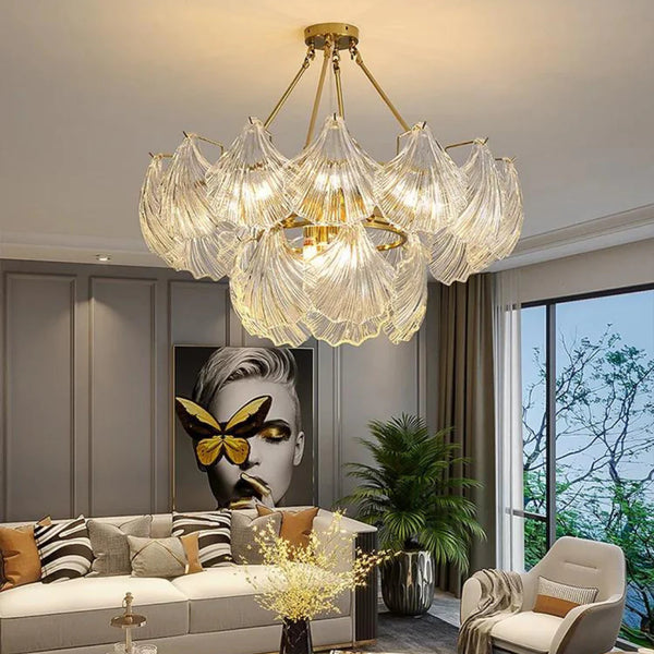 Ribbed Glass Shell Brass Chandelier