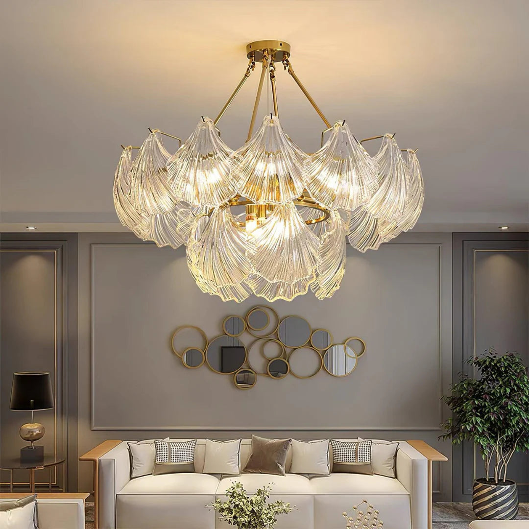 Ribbed Glass Shell Brass Chandelier