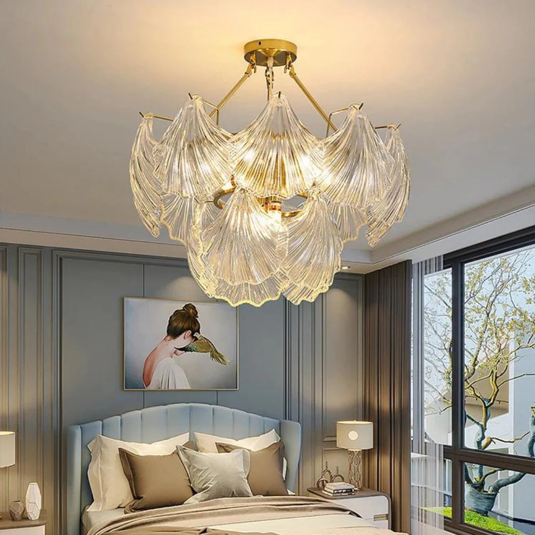 Ribbed Glass Shell Brass Chandelier