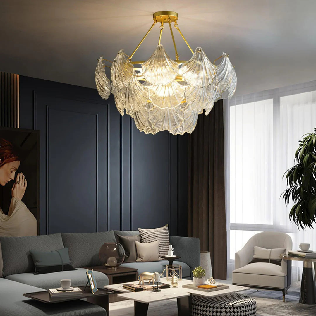 Ribbed Glass Shell Brass Chandelier