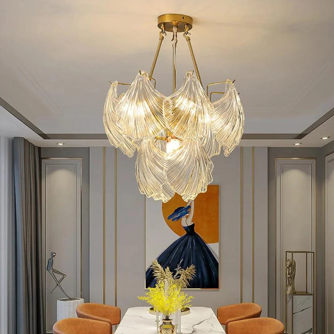Ribbed Glass Shell Brass Chandelier