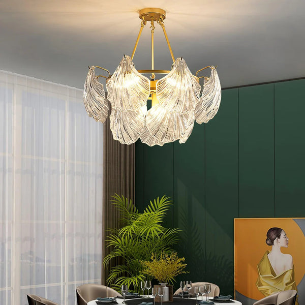 Ribbed Glass Shell Brass Chandelier