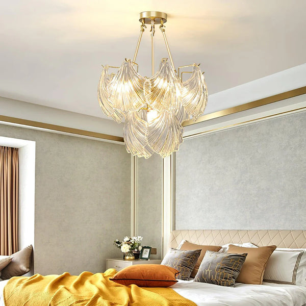Ribbed Glass Shell Brass Chandelier