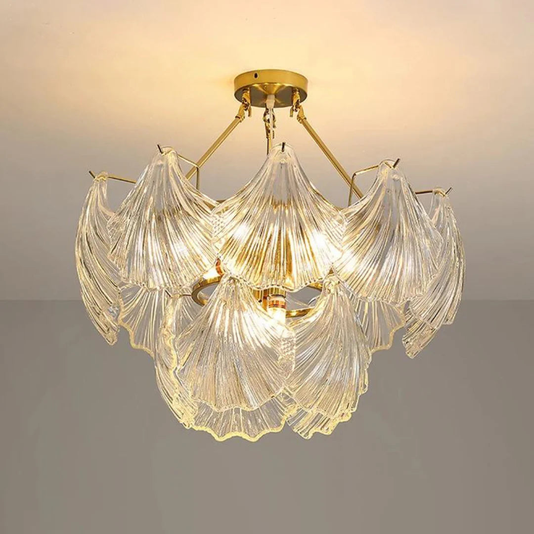 Ribbed Glass Shell Brass Chandelier