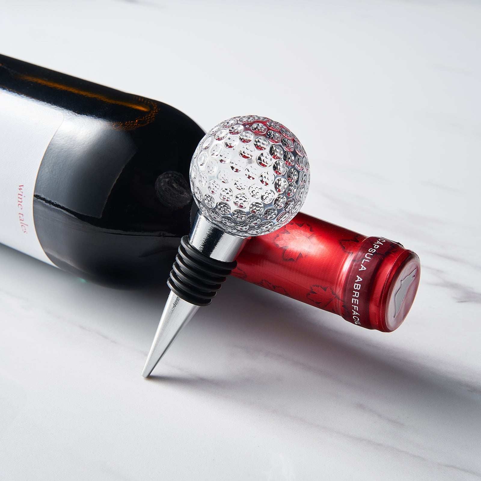 Golf Ball Wine & Champagne Bottle Stopper - Mouth-Blown Lead-Free Clear Glass Stopper, Novelty Glassware Beverage Cork, Wine Top Decoration, Gift for Red or White Wine & Golf Lover Alike 3.8