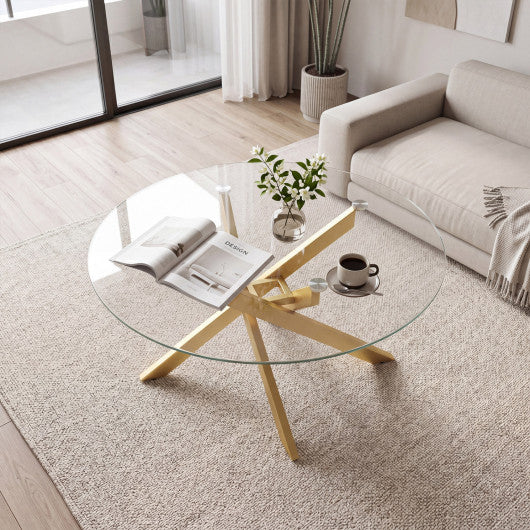 Glass Coffee Table Round Clear Center Table with Tempered Glass Top-Golden