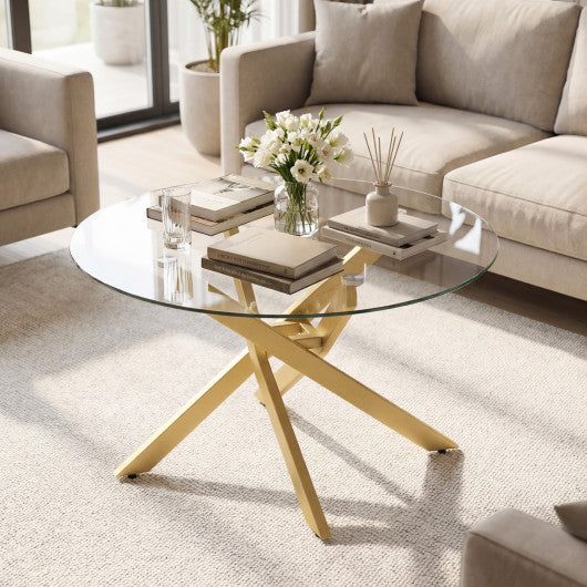 Glass Coffee Table Round Clear Center Table with Tempered Glass Top-Golden