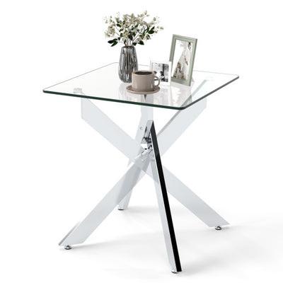 Glass Side Table Square End Table with Tempered Glass Top and Metal X Base-Silver