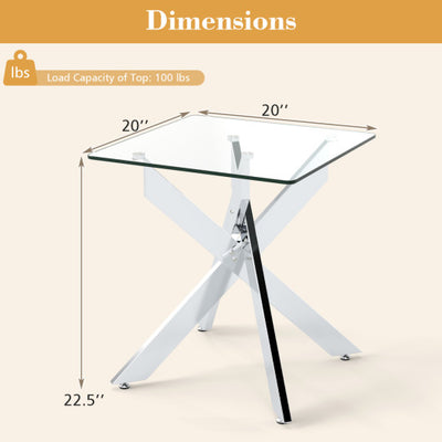Glass Side Table Square End Table with Tempered Glass Top and Metal X Base-Silver