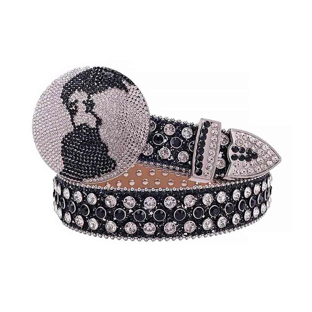 Rhinestone Belt With Black And White Globe Buckle