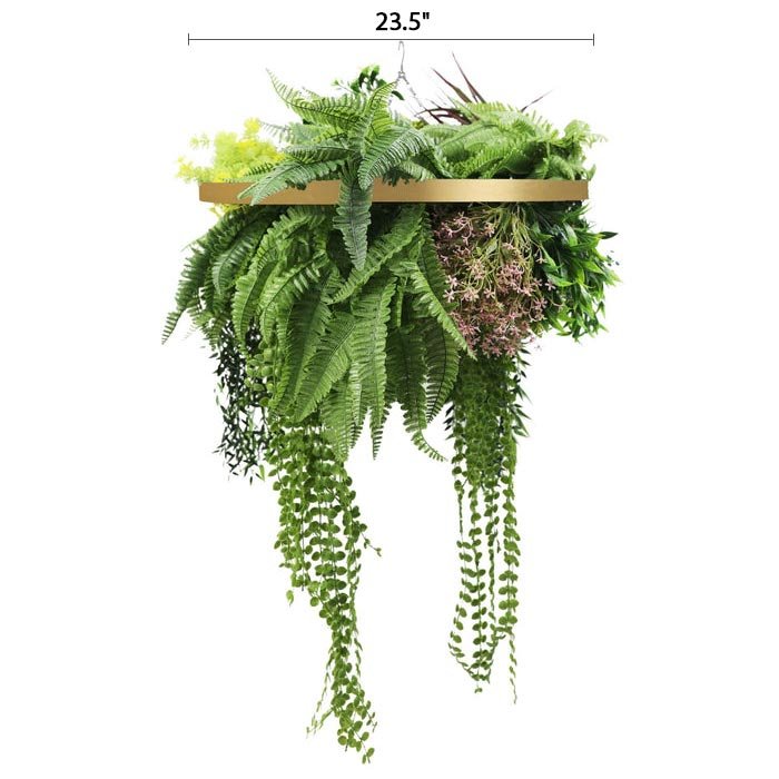 Artificial Hanging Plant Chandelier – Tropical Foliage Circular Ring (23.5in) Gold Frame – UV Resistant