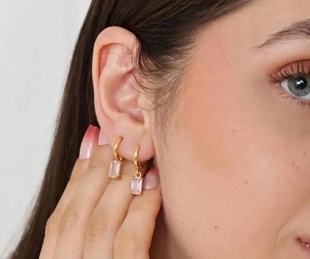 Gold Plated Huggie Earrings - Rose Quartz