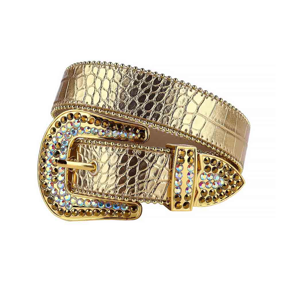 Gold Textured Strap Unisex Rhinestone Jeans Belt