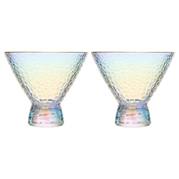 Iridescent Lustered Stemless Martini Glasses Set of 2 - Hammered Cocktail & Martini Glasses - Luxury Gift Box - Gold Rim 8oz Colorful Stemless Glassware - Weddings, Anniversary, Christmas, Barware