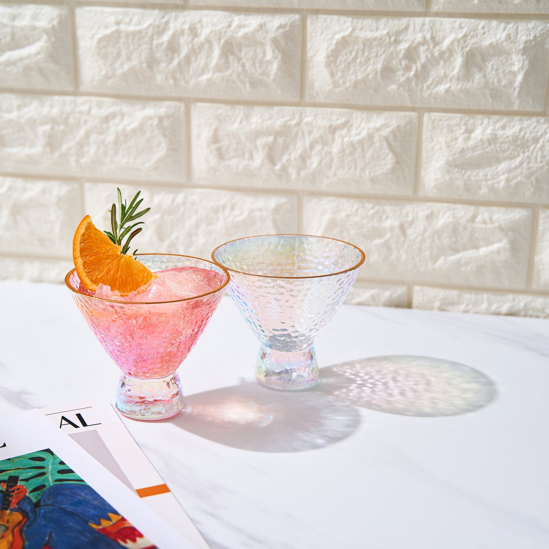 Iridescent Lustered Stemless Martini Glasses Set of 2 - Hammered Cocktail & Martini Glasses - Luxury Gift Box - Gold Rim 8oz Colorful Stemless Glassware - Weddings, Anniversary, Christmas, Barware