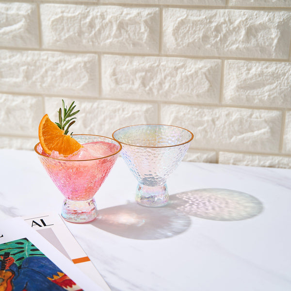 Iridescent Lustered Stemless Martini Glasses Set of 2 - Hammered Cocktail & Martini Glasses - Luxury Gift Box - Gold Rim 8oz Colorful Stemless Glassware - Weddings, Anniversary, Christmas, Barware