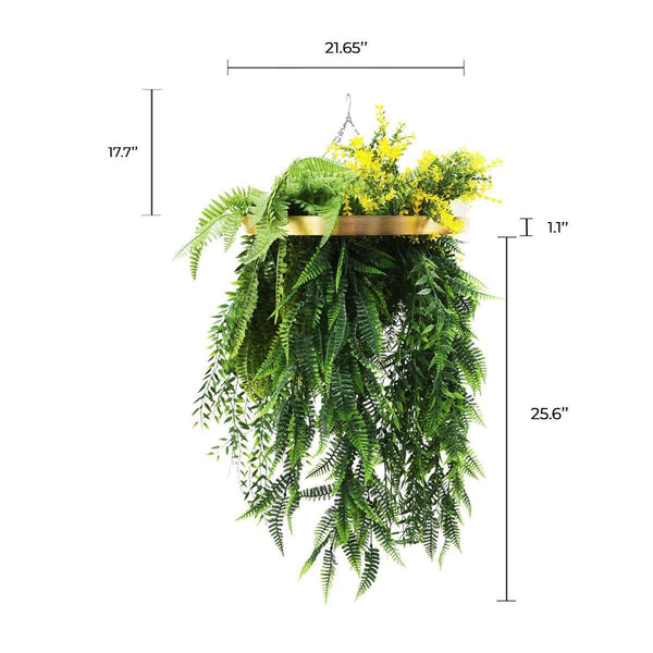 Artificial Hanging Plant Chandelier – Bright Tropical Foliage Circular Ring (15.75in) Gold Frame – UV Resistant