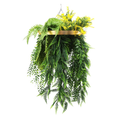 Artificial Hanging Plant Chandelier – Bright Tropical Foliage Circular Ring (15.75in) Gold Frame – UV Resistant