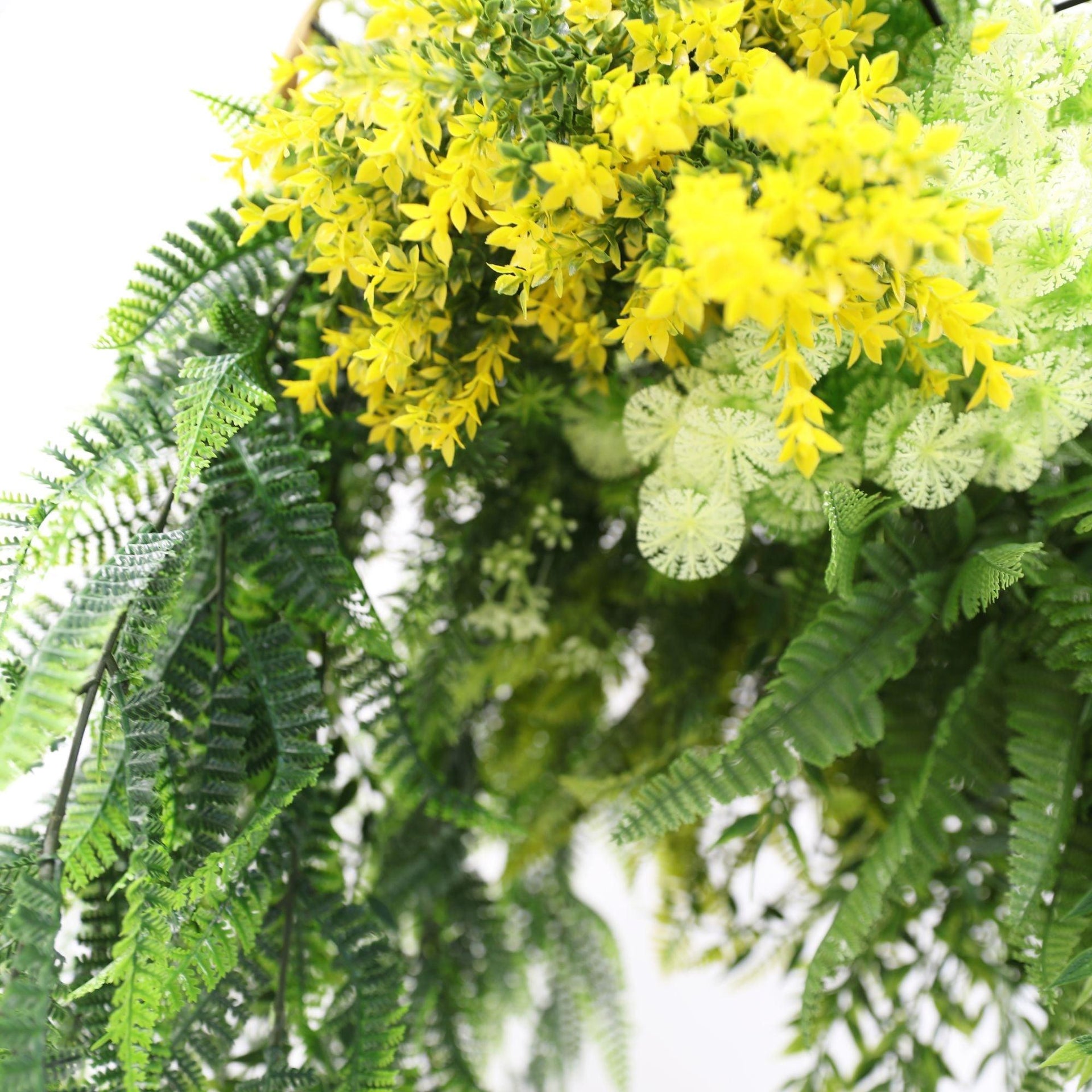 Artificial Hanging Plant Chandelier – Bright Tropical Foliage Circular Ring (15.75in) Gold Frame – UV Resistant