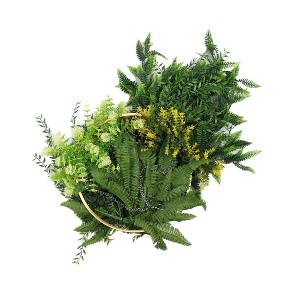 Artificial Hanging Plant Chandelier – Bright Tropical Foliage Circular Ring (15.75in) Gold Frame – UV Resistant