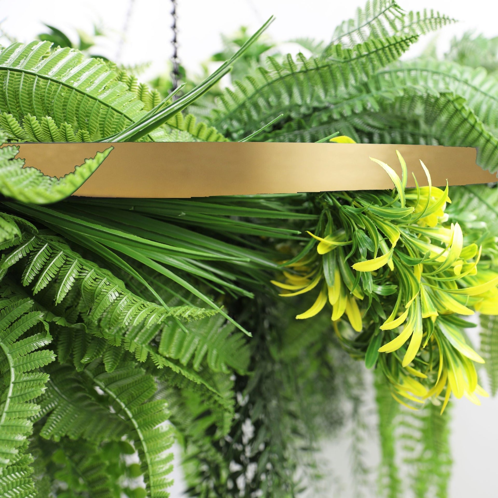 Artificial Hanging Plant Chandelier – Tropical Foliage Circular Ring (23.5in) Gold Frame – UV Resistant