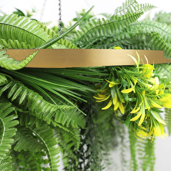 Artificial Hanging Plant Chandelier – Tropical Foliage Circular Ring (23.5in) Gold Frame – UV Resistant
