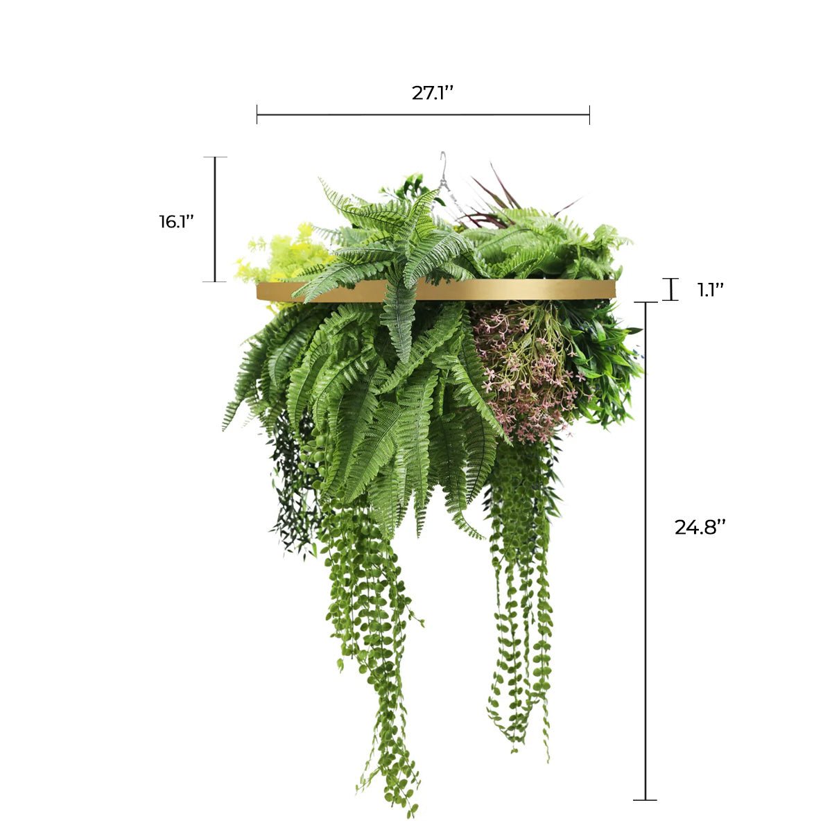 Artificial Hanging Plant Chandelier – Tropical Foliage Circular Ring (23.5in) Gold Frame – UV Resistant