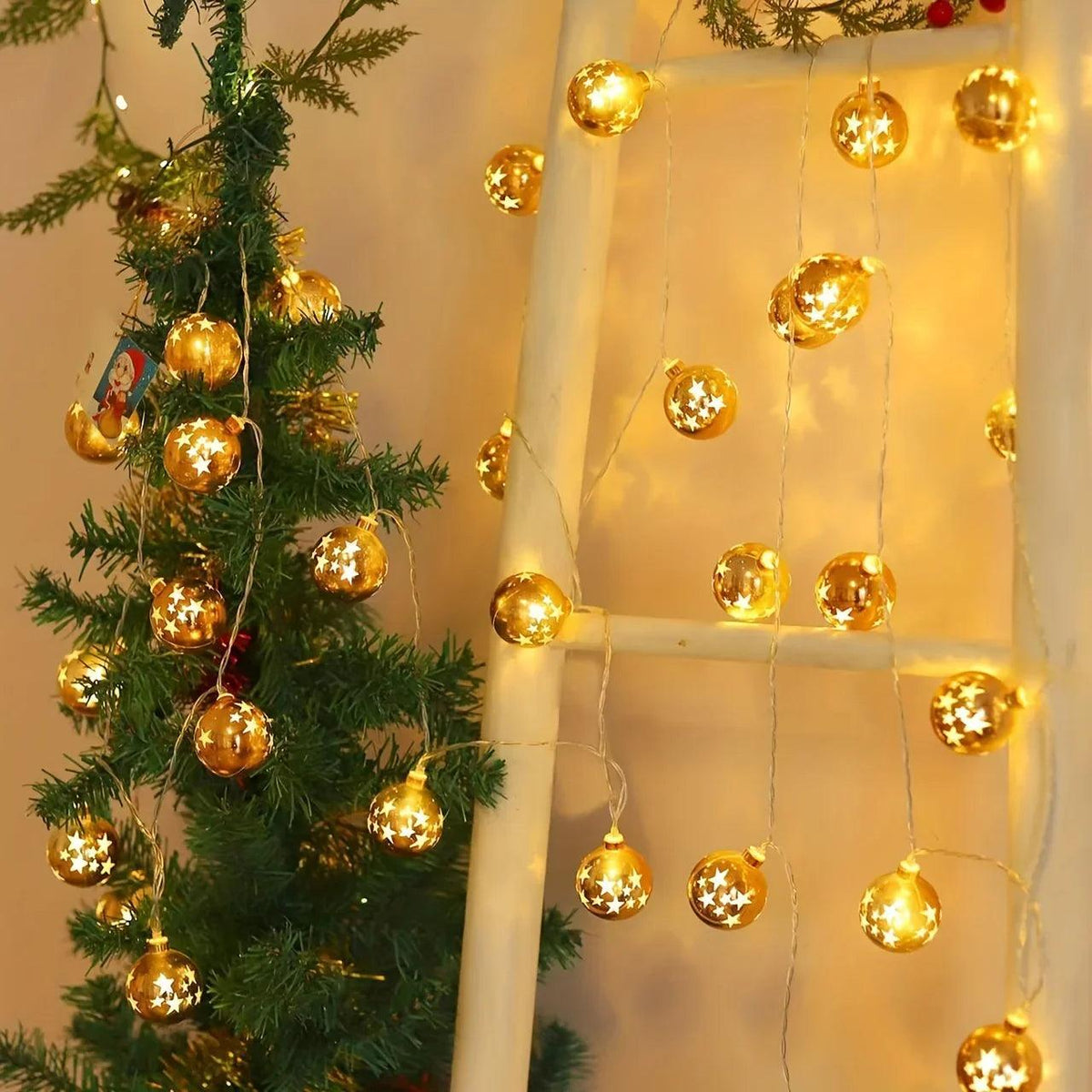 Golden Christmas Ball Lights - Battery Operated String for Tree & Home Decor