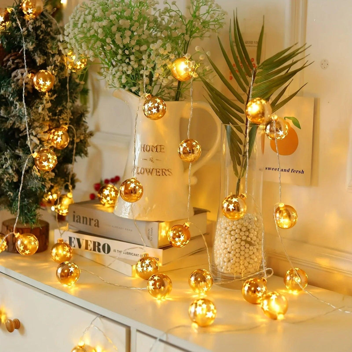 Golden Christmas Ball Lights - Battery Operated String for Tree & Home Decor