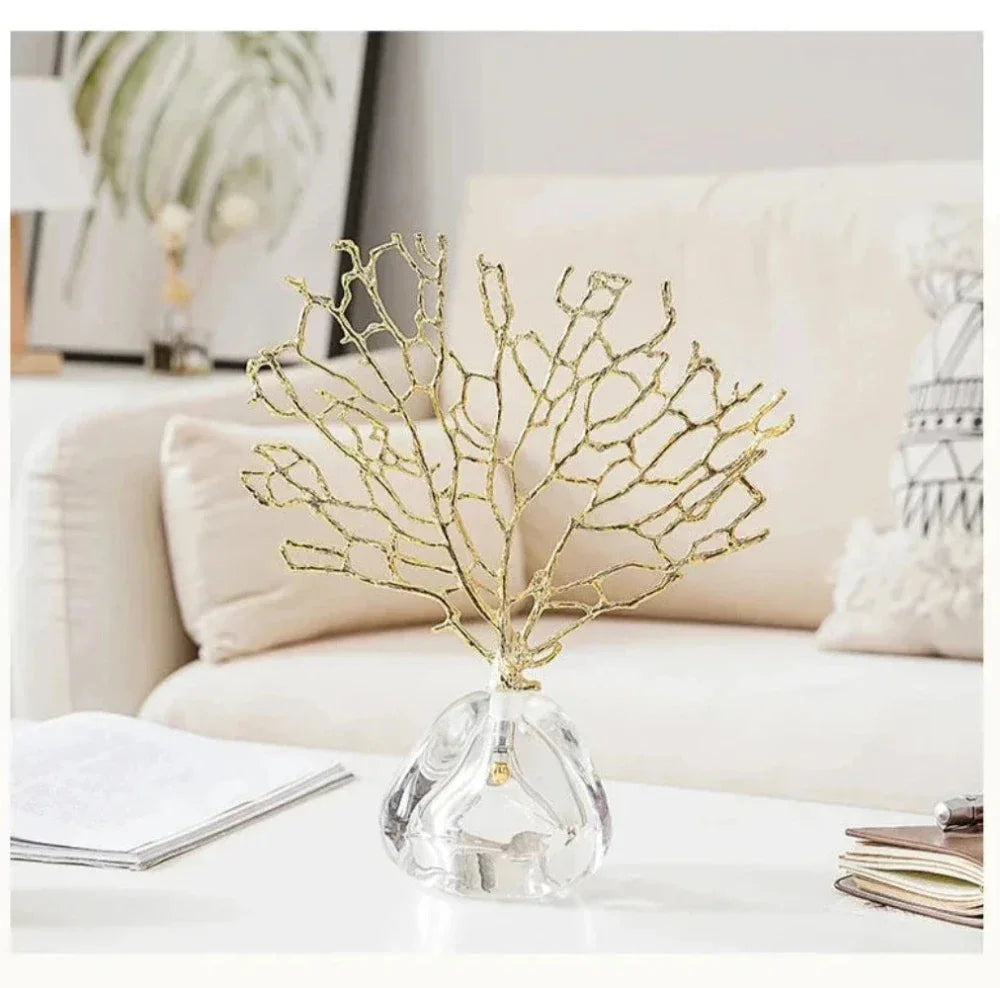 Golden Coral Sculpture Handmade Metal with Crystal Base for Your Home