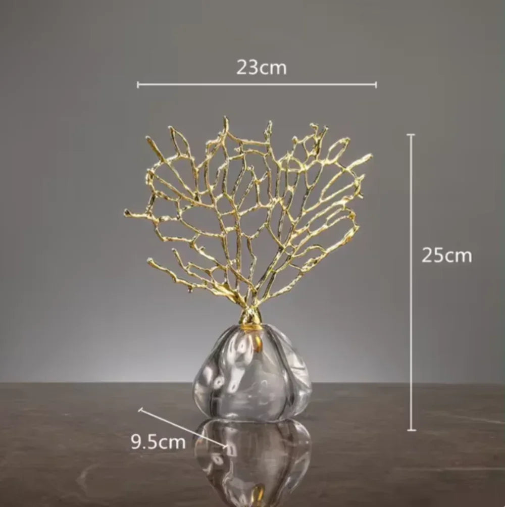 Golden Coral Sculpture Handmade Metal with Crystal Base for Your Home