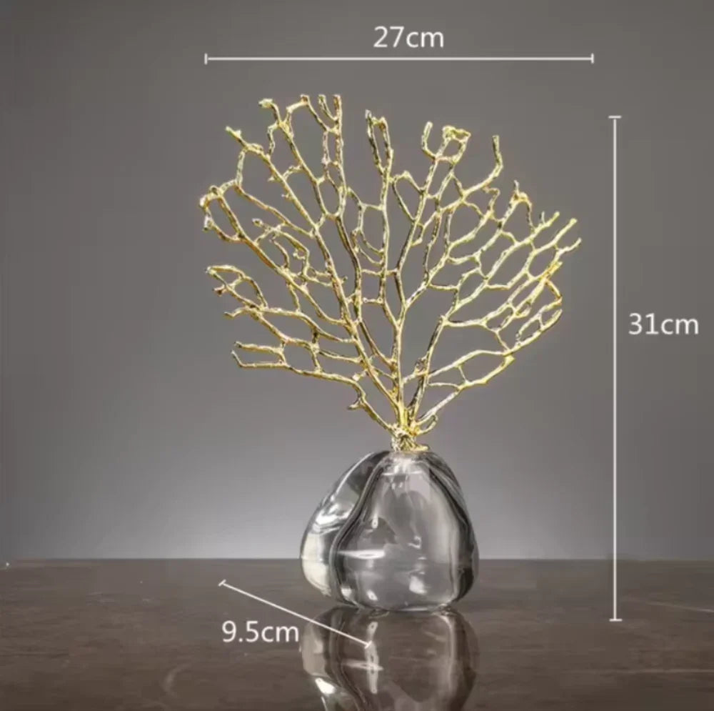 Golden Coral Sculpture Handmade Metal with Crystal Base for Your Home