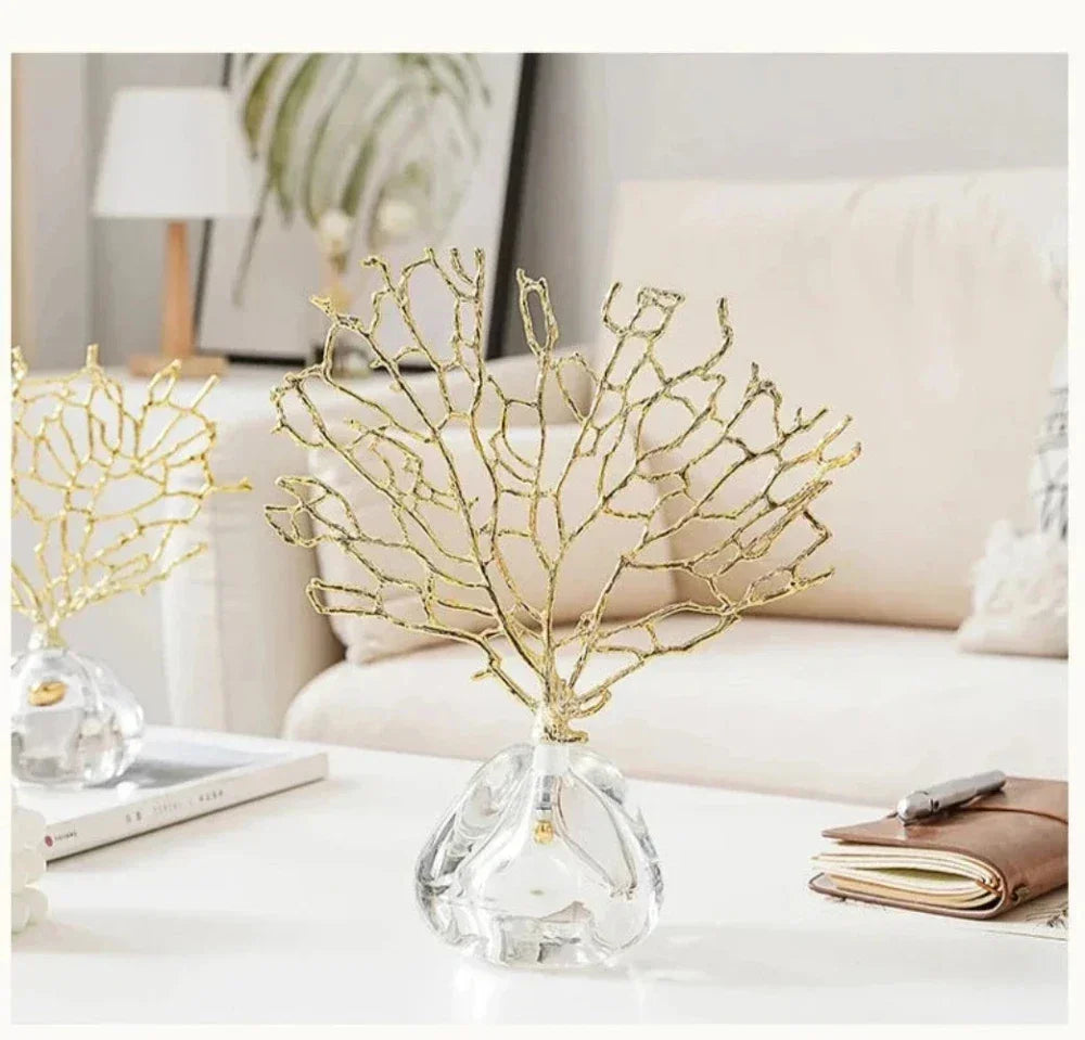 Golden Coral Sculpture Handmade Metal with Crystal Base for Your Home