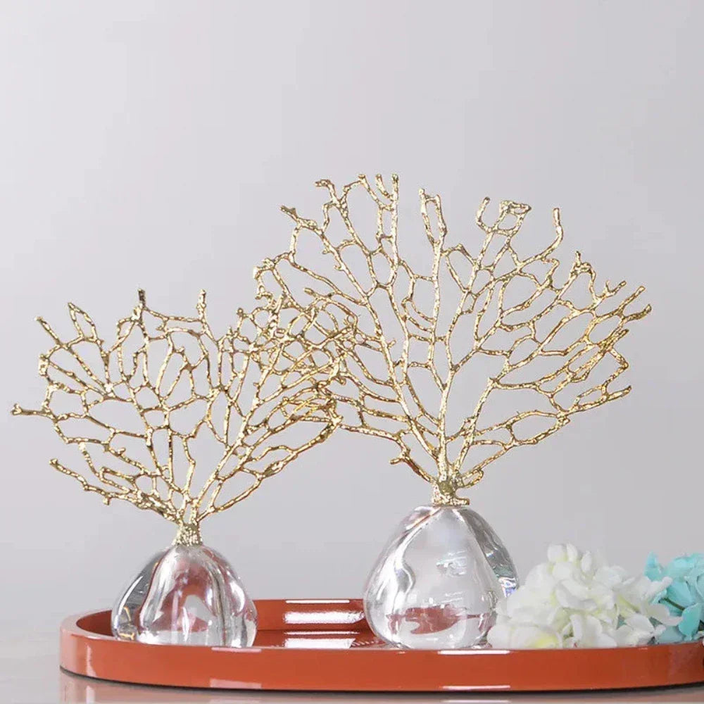 Golden Coral Sculpture Handmade Metal with Crystal Base for Your Home