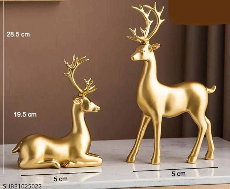 Golden Deer Figurine Set with Crystal Floral Accents