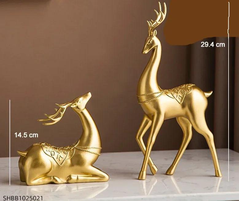Golden Deer Figurine Set with Crystal Floral Accents