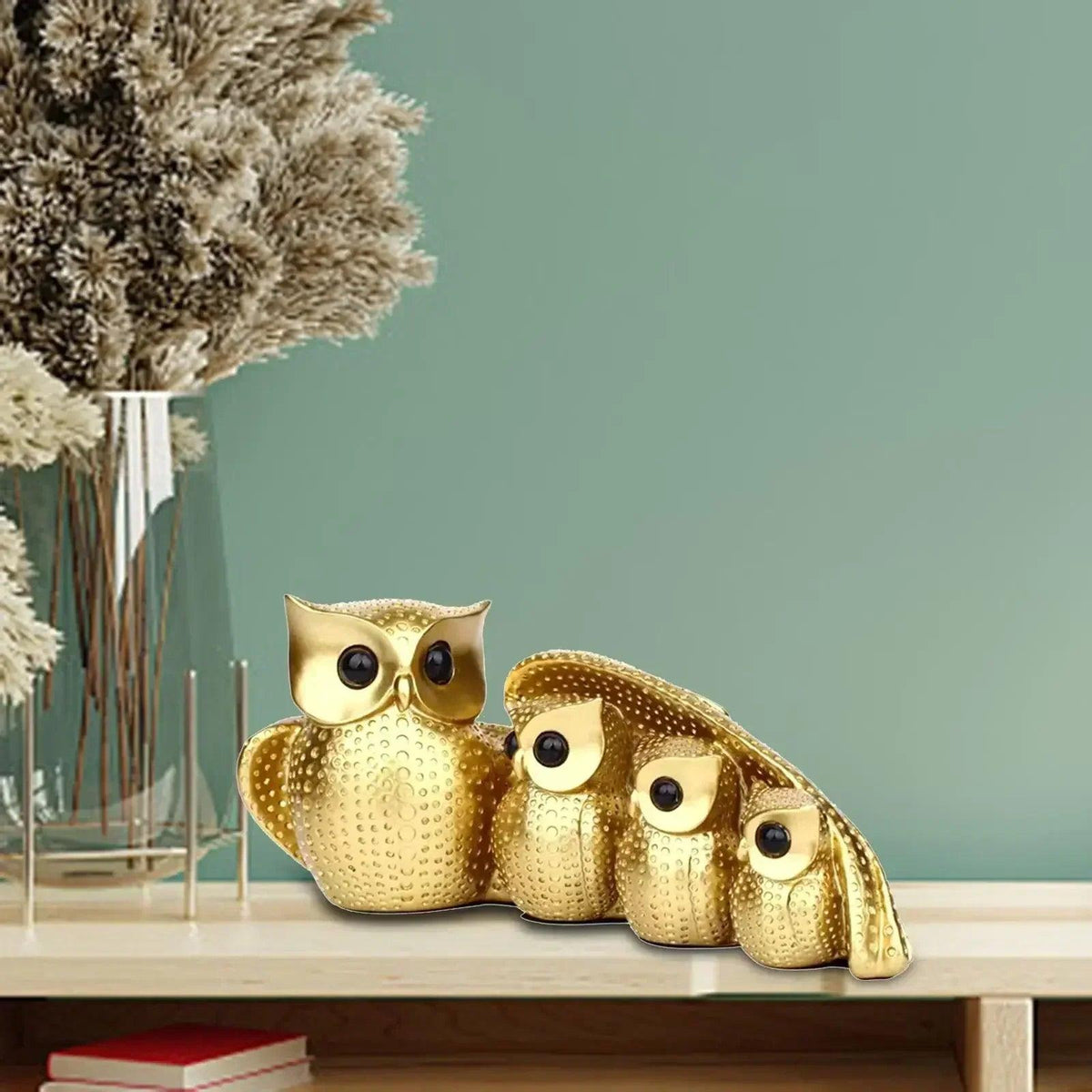 Golden Owl Family Figurine Decorative Tabletop Sculpture