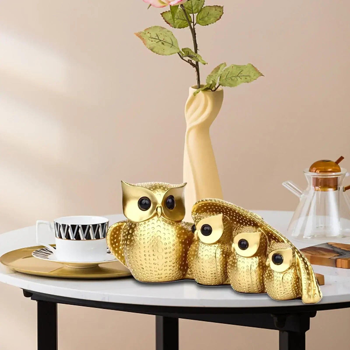 Golden Owl Family Figurine Decorative Tabletop Sculpture